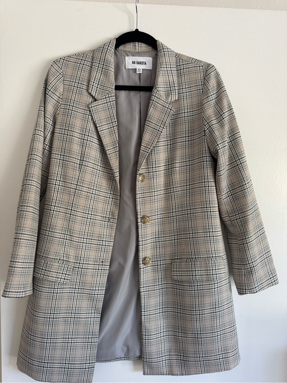 BB Dakota Neutral Plaid Mid-Length Blazer
